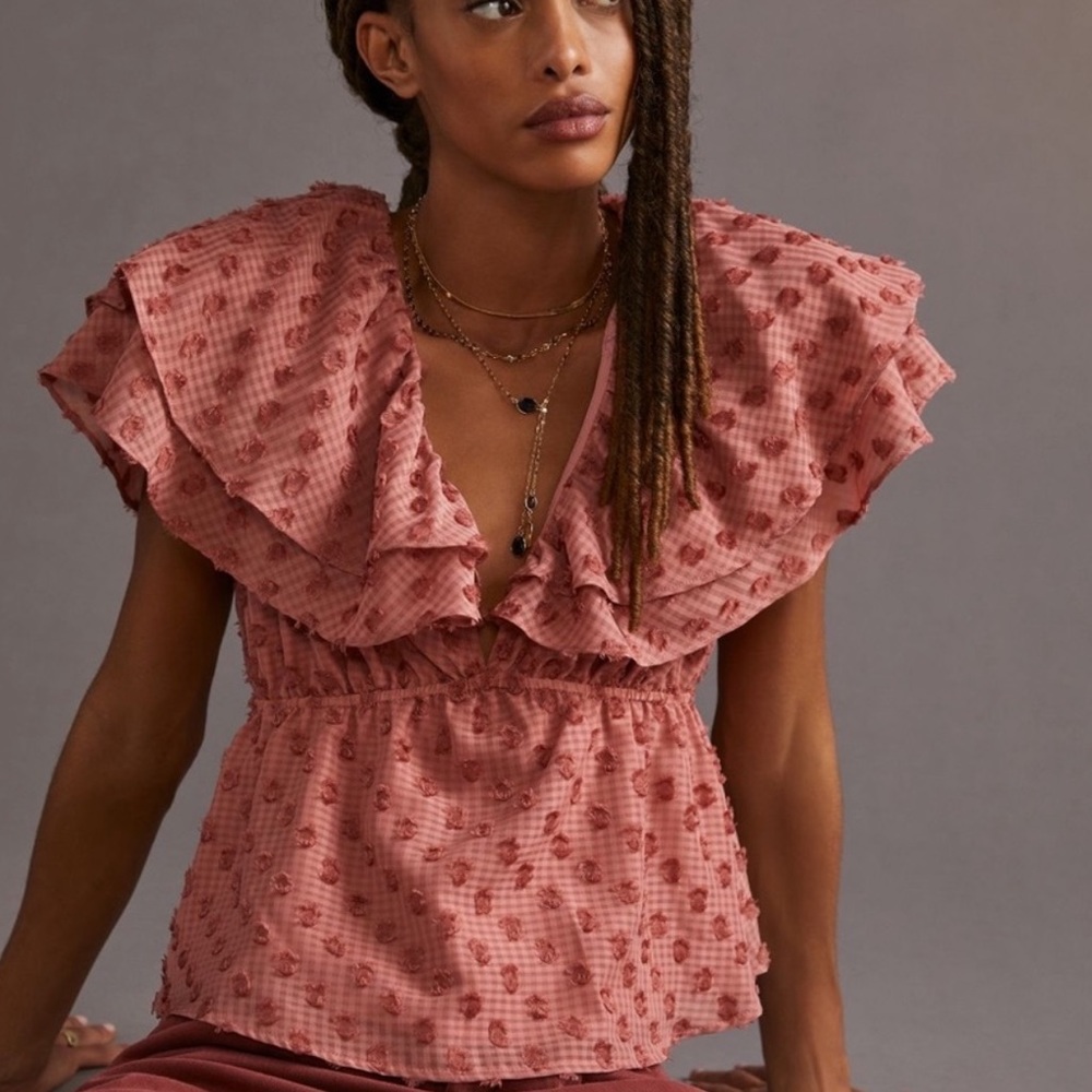 Anthropologie Flat White Pink Frilled blouse